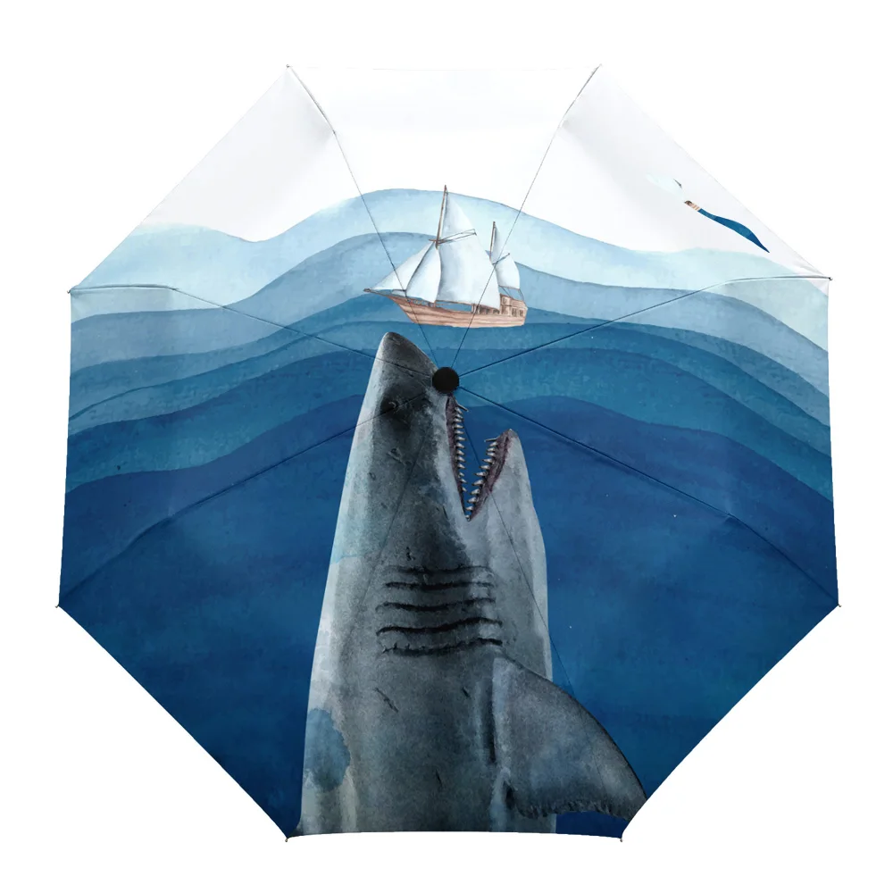 

Ocean Shark Ship Dangerous Rain Foldable Umbrella for Women Males Eight Strands Sunny Umbrella Fully-automatic Umbrella