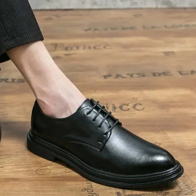 Derby Shoes Men PU Leather Shoes Solid Color Lace-up Thick Bottom Round Head Comfortable Business Dress Shoes 4