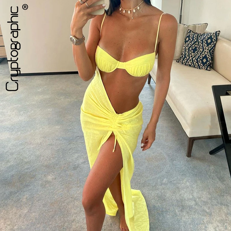 

Cryptographic Spaghetti Strap Slit Dress Elegant Summer Outfits Women Birthday Club Party Backless Maxi Dresses Beach Holiday