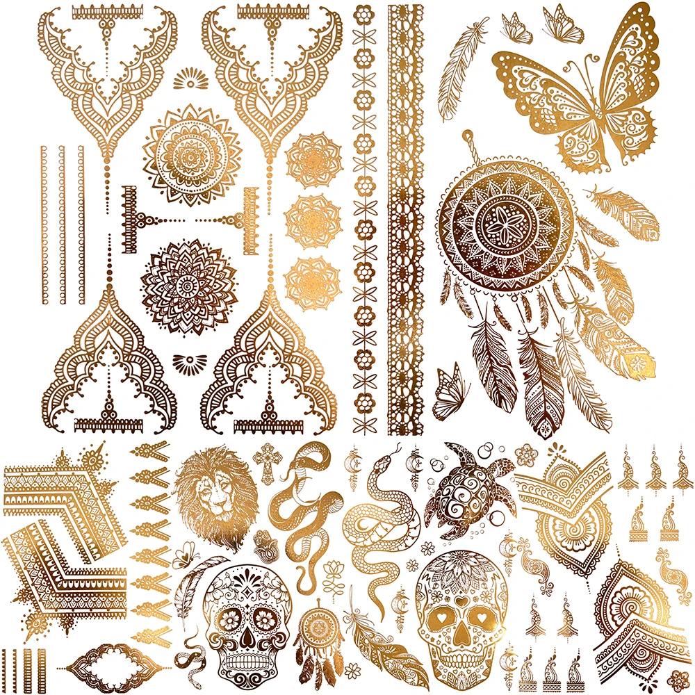 

Золотой Ловец снов, Бабочка, искусственная татуировка для женщин, змея, черепахи, Льва, черепа, боди-арт, живопись, тату