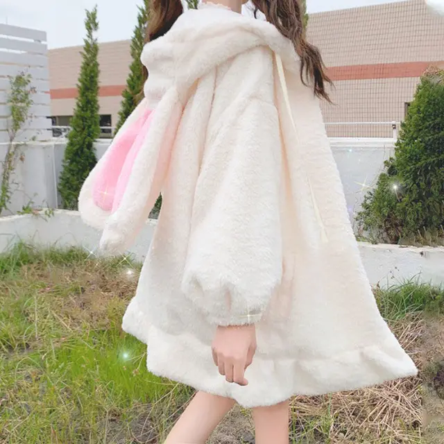Rabbit Ears Hoodies Women Zip-up Sweatshirts Coat Long Lantern Sleeve Hooded Lolita Cute Sweet Girls Harajuku Warm Baggy Outfits 1