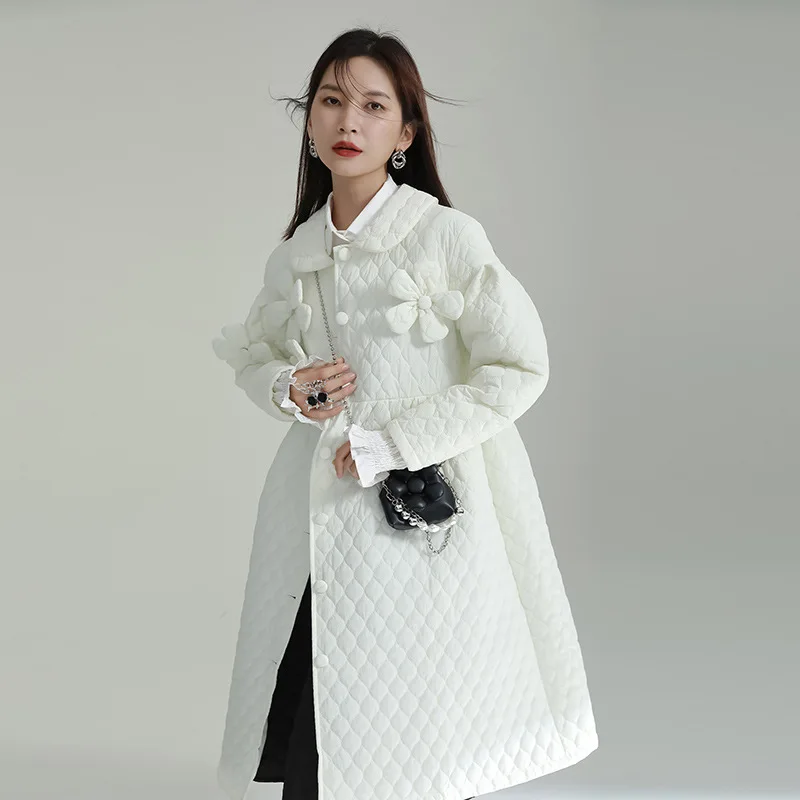 2022   Niche Design Three-Dimensional Flowers Doll Collar Cotton Jacket Loose A Word Diamond Check Pattern Cotton Jacket Female