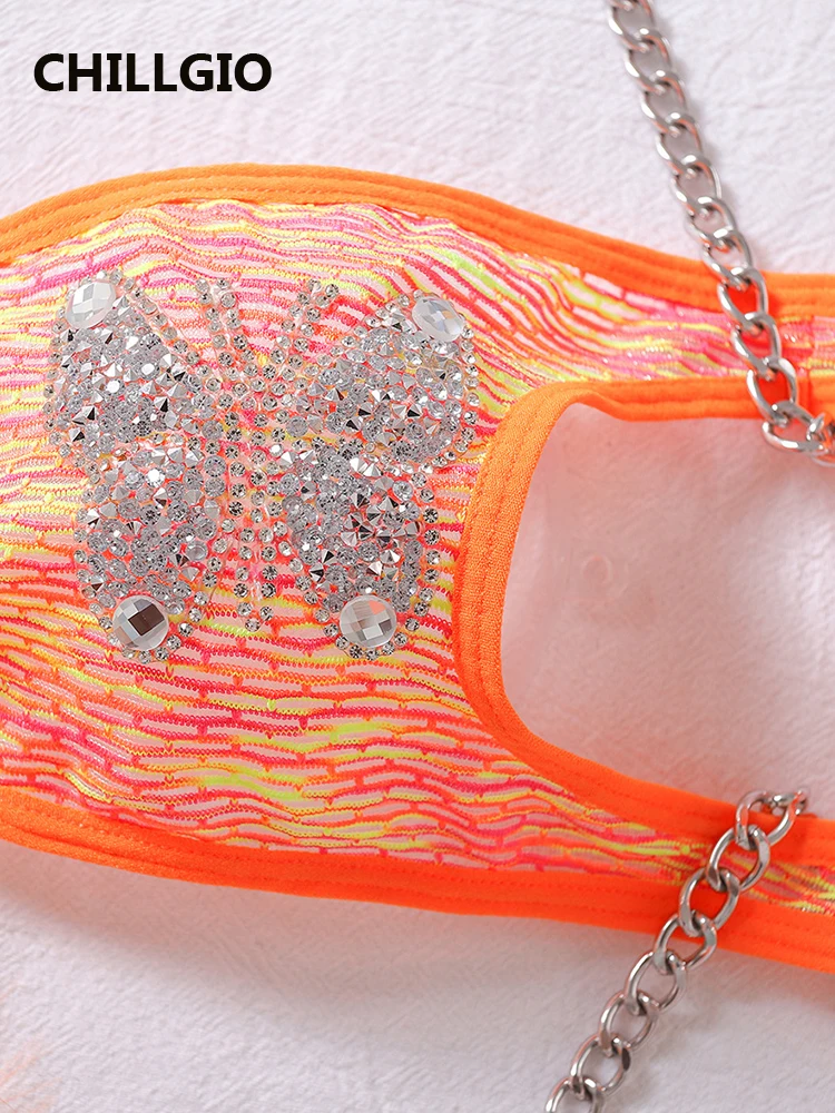 CHILLGIO женские блестящие боди с бриллиантовой цепочкой полые цельные