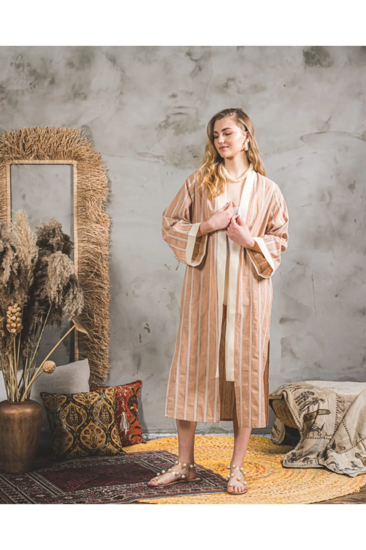 

Women's Kimono Salmon Striped Caftan Fashion Bathrobe For Ladies
