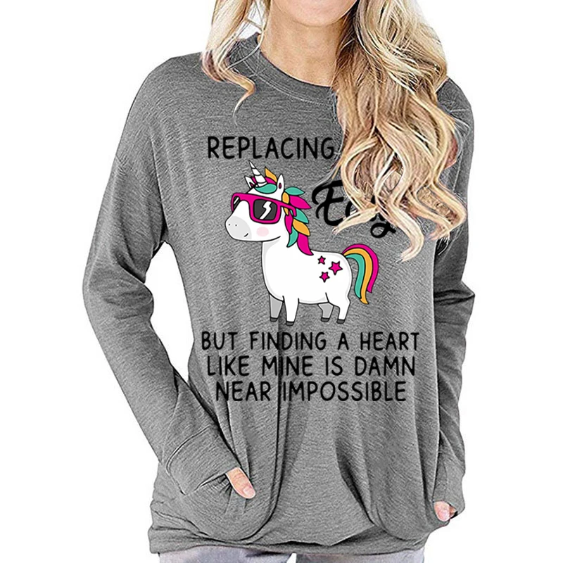 Funny Cute Unicorn T Shirts Women Satirical Humor Tops Replacing Me Is Easy Letter Graphic Tshirts Long Sleeve T-shirts
