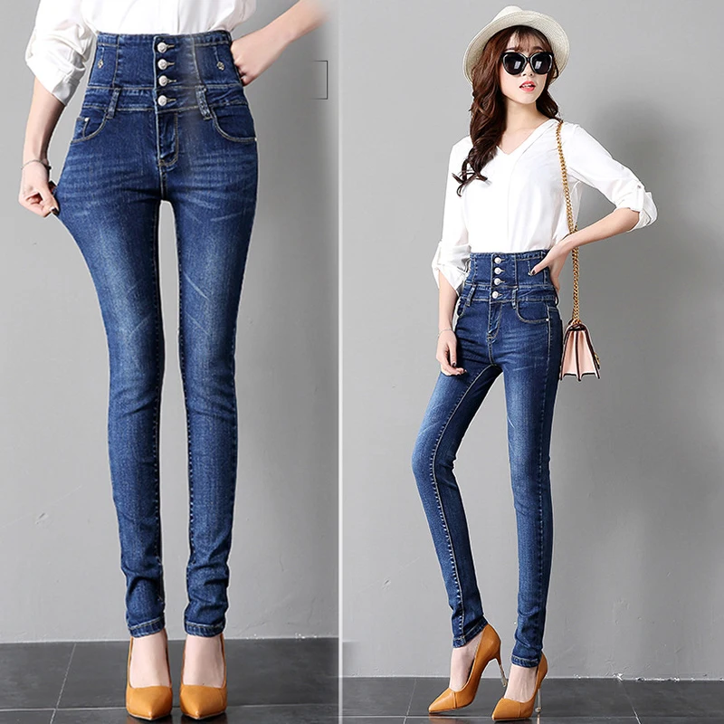 Women street solid color trousers women high-waisted jeans women new high-stretch breasted slim slimming pencil pants,