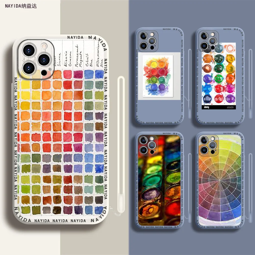 

Soft Silicone Phone Case For iPhone 14 13 11 12 Mini Pro Max XS XR X Blue Lanyard Cover Watercolors Set Paint Palette