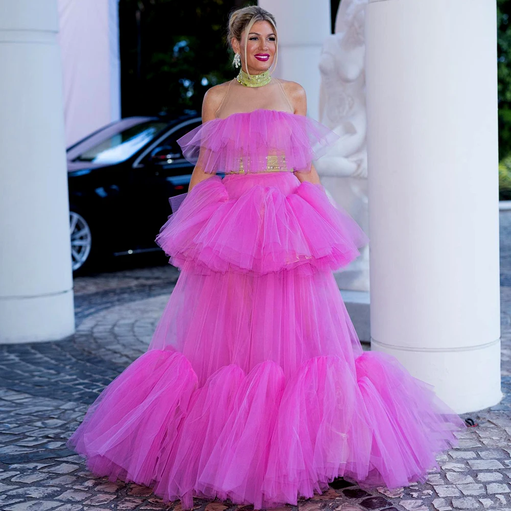 

Halter Pink See Through Tulle Ball Gown Ruffled Evening Dress Layered Sequins Woman Clothes Ever Pretty Event Gown With Zipper