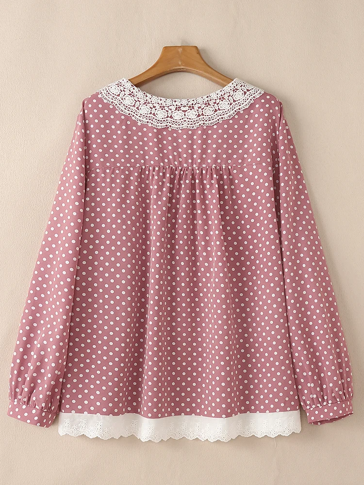 Осенние женские блузки рубашка в горошек ZANZEA элегантные повседневные кружевные