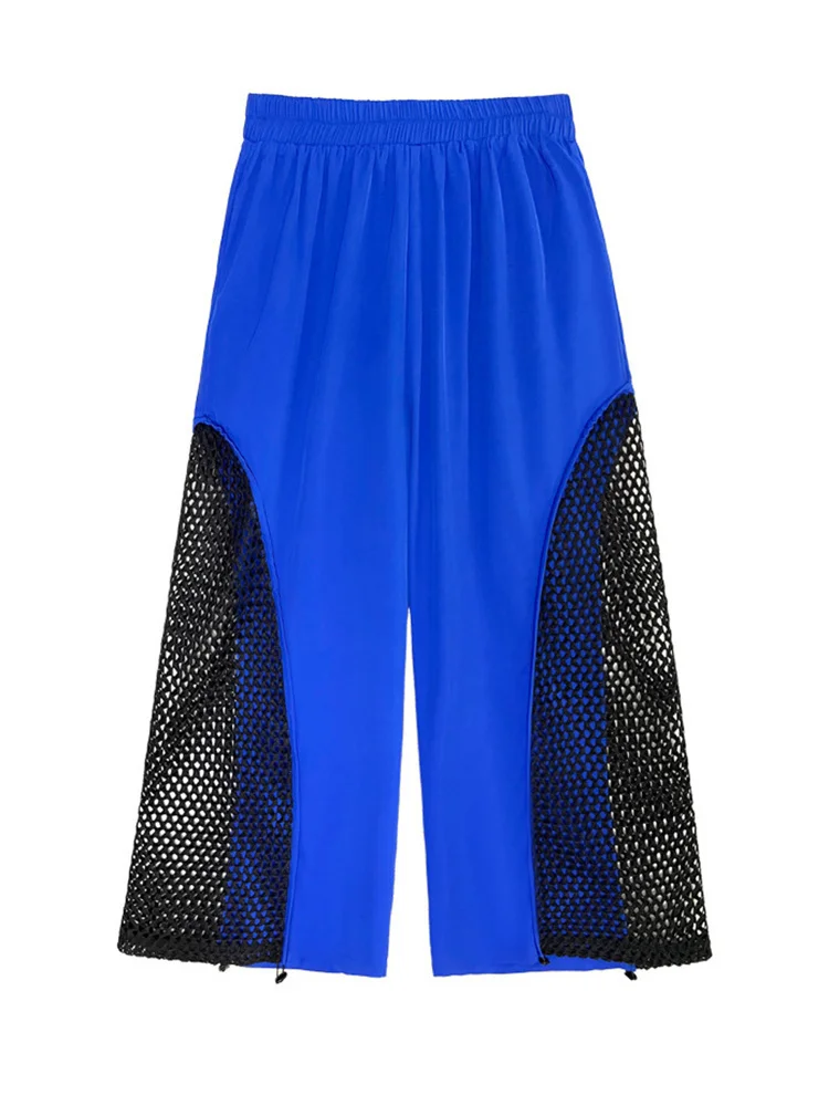 [EAM] Синие сетчатые широкие брюки с высокой эластичной резинкой на талии новые