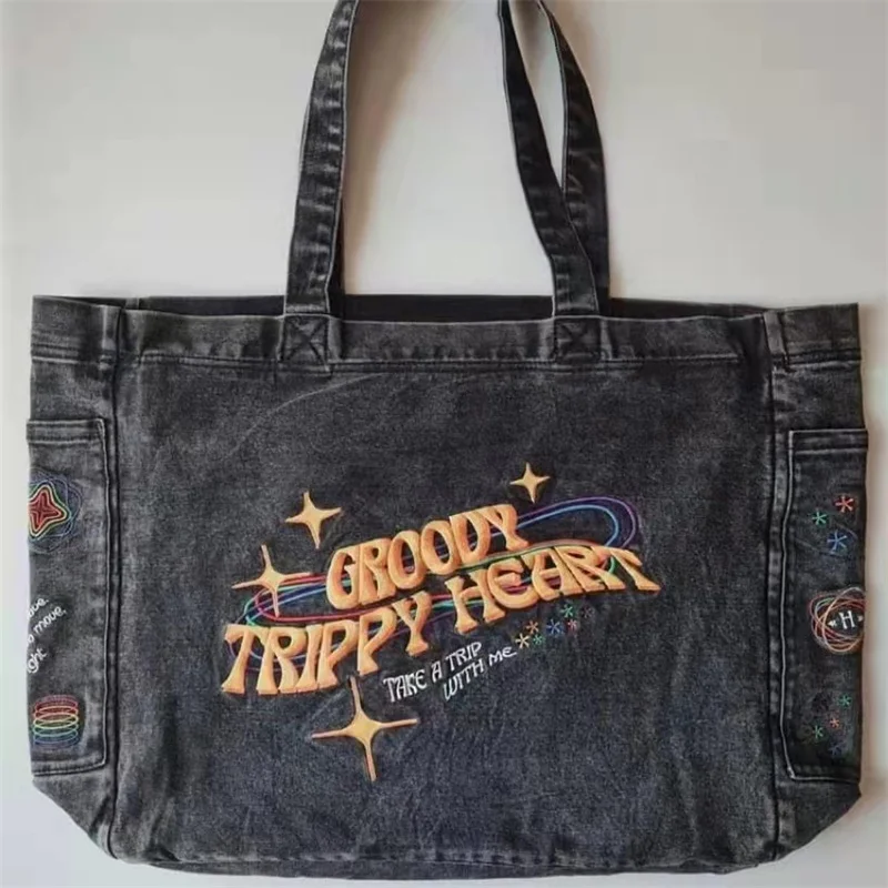 

2022 New Trendy Fashion All Match Denim Anthracite Embroidered Casual Large Capacity Canvas Bag Top Quality Zipper Shopping Bag