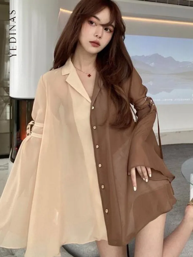 

Yedinas Лоскутные рубашки для женщин винтажные расклешенные рукава уличная одежда шифоновая блузка летние свободные прозрачные женские топы ...