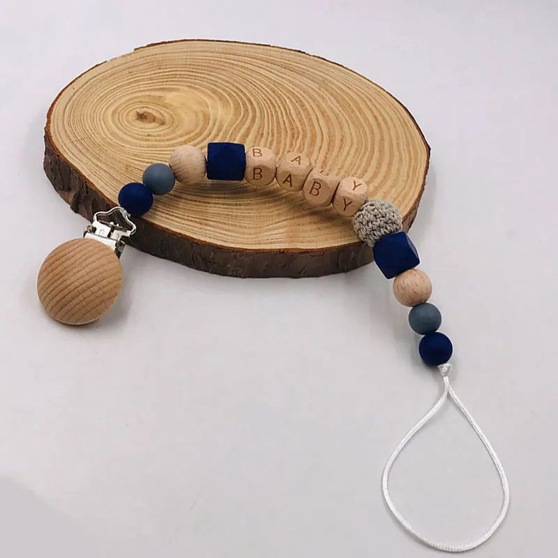 

Infant Handmade Wood Beech Bead Silicone Pacifier Clip Chains Safe Teething Chain Baby Teether Eco-friendly Anti Dropping Holder