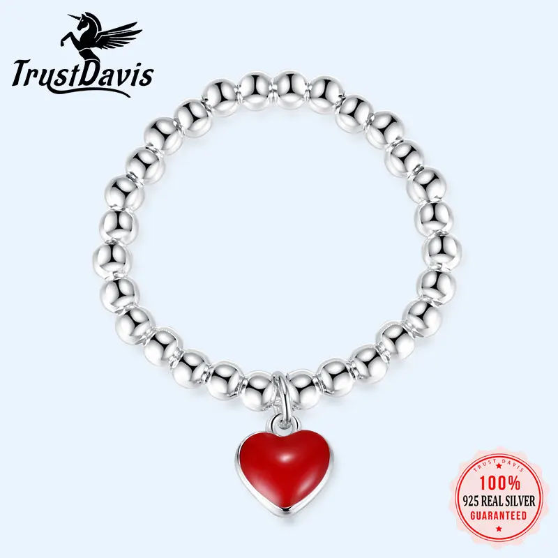 

Trustdavis Minimalist Real 925 Sterling Silver Sweet Beads Red Heart Elastic Rings For Women Wedding Party S925 Jewelry DA1376