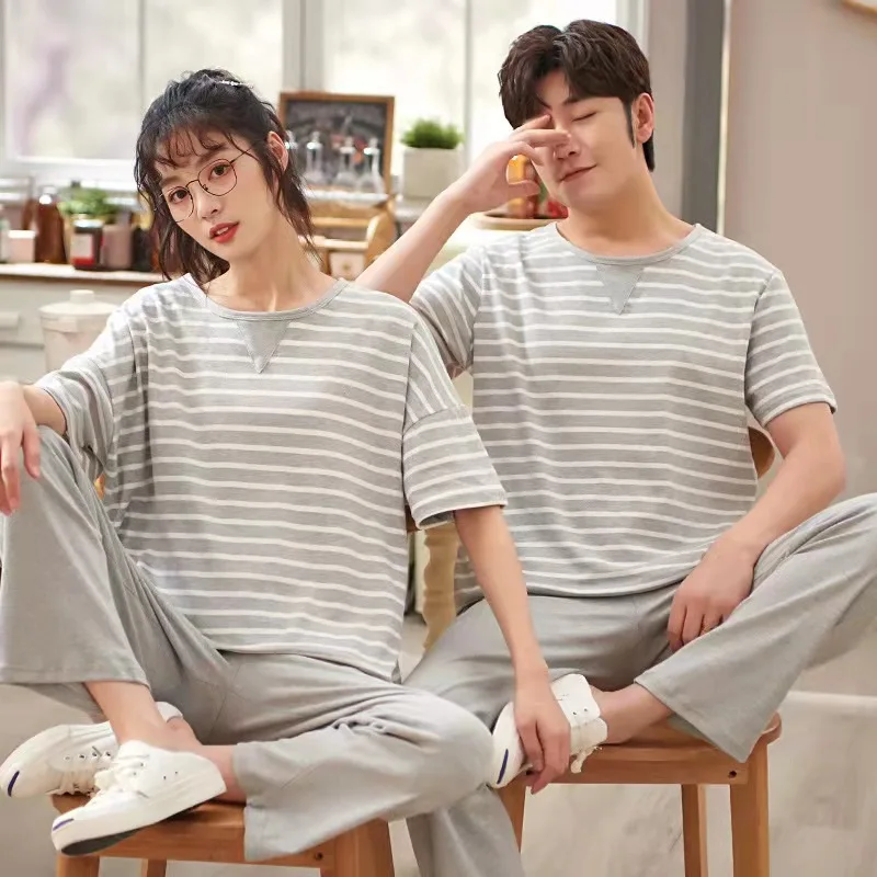 2022 Summer Fashion Women's Casual Lovely   Striped Short Sleeve Sleepwear Homewear Set With Pants Paired Pajamas For Couple's