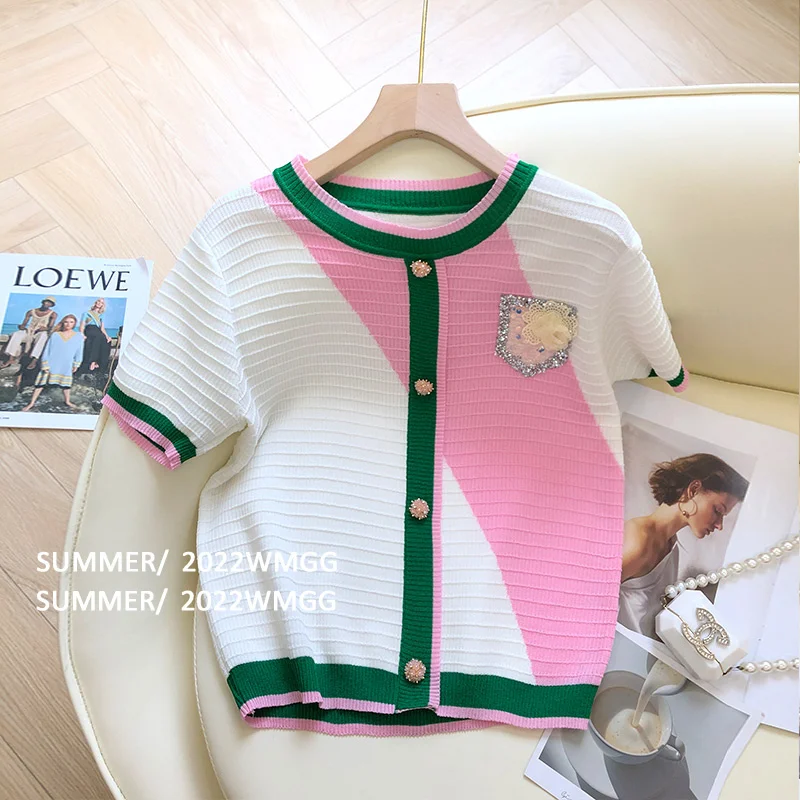 

Женский трикотажный свитер с блестками, однобортная футболка с коротким рукавом, круглым вырезом и пуговицами с цветами, контрастные Джемп...