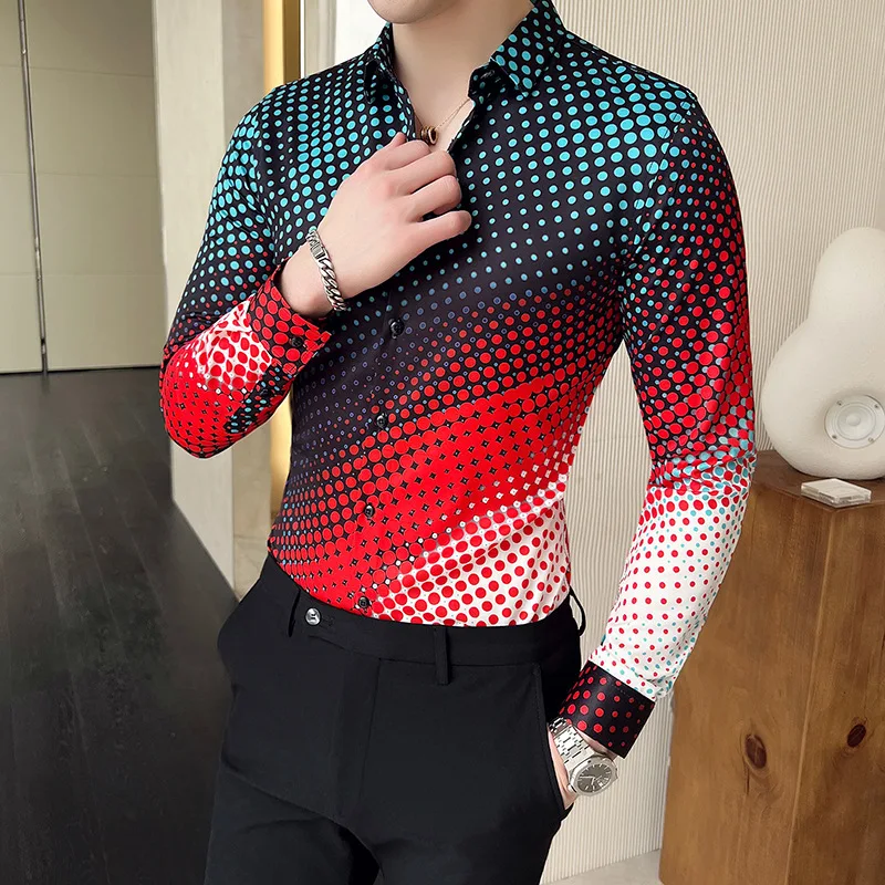 

2022 Summer Polka Dots Shirts Men Gradient Long Sleeve Casual Shirt Slim Business Social Dress Shirts Party Tuxedo Blouse