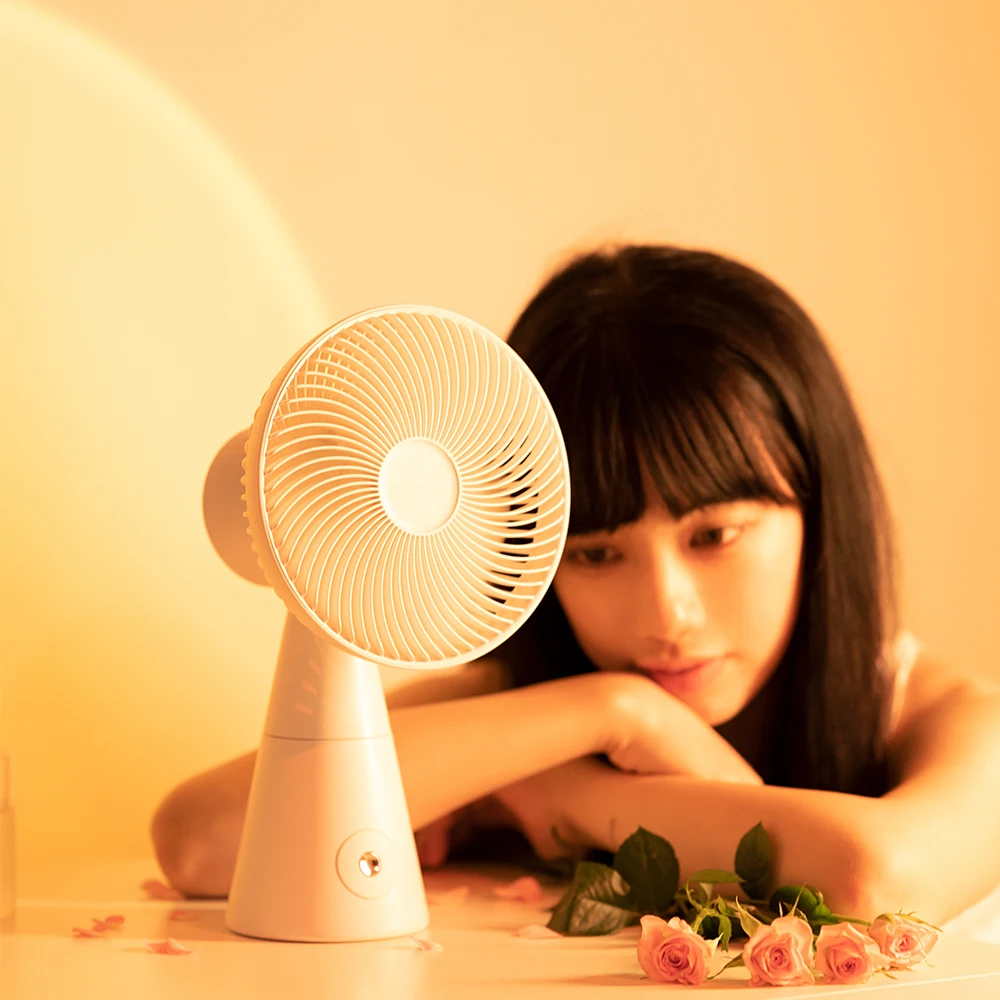 

Free Rotation USB Rechargeable Silent Desktop Air Cooler Fan with Sunset Light for Selfie Home Room Ventilador 3 Gear Adjusted