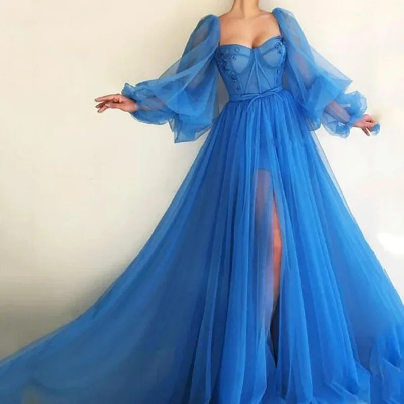 

Puffy Sleeve Long Prom Dresses With High Split Evening Party Gowns For Special Events Robes De Soirée