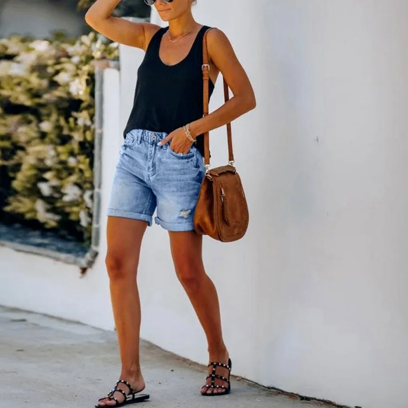 2021 Summer Plus Size Denim Shorts Women Clothing Casual Loose Elastic High Waist Wide Leg Straight Short Jeans Streetwear