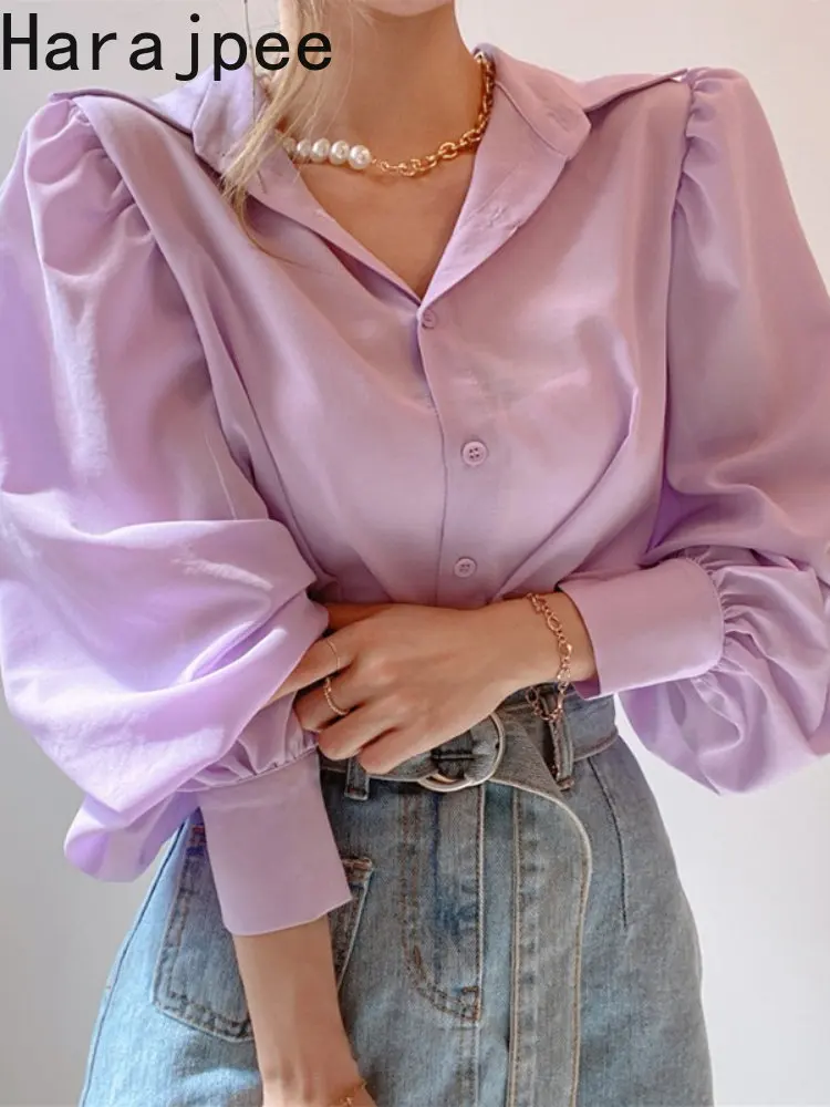 

Женская однотонная блузка Harajpee, универсальная однобортная блузка с отложным воротником, пуговицами и рукавами-фонариками, в Корейском стил...