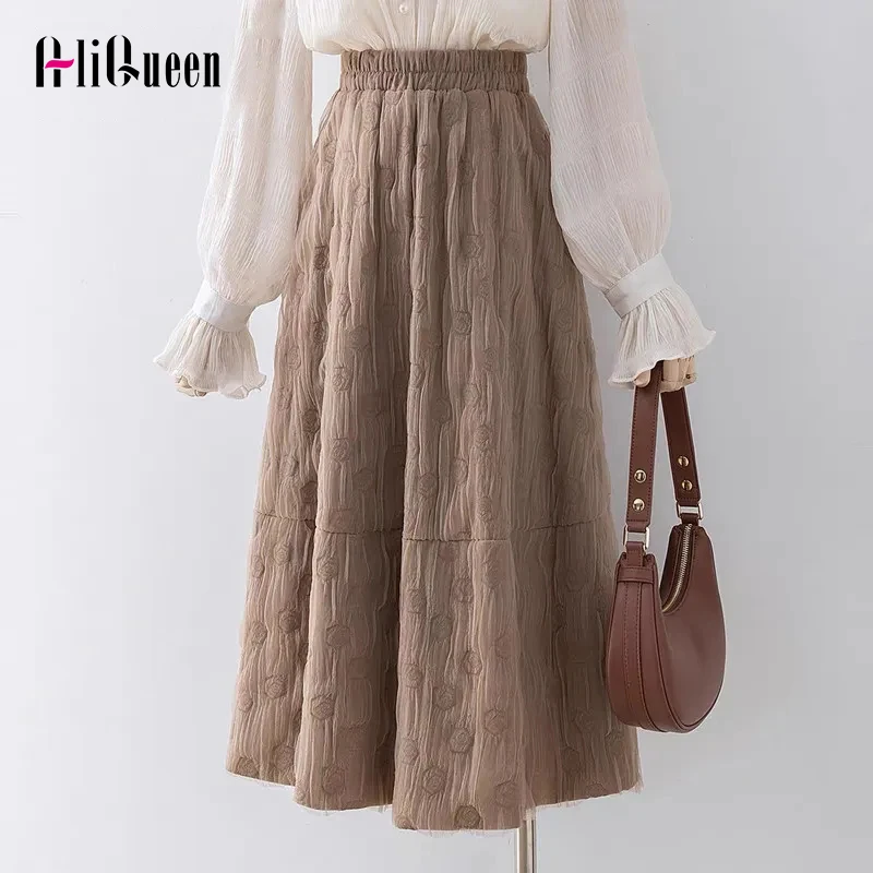 

Autumn Spring Khaki Wrinkle Gauze Senior Patchwork Skirt Women Vintage Black Casual High Waist Midi A Line Rose Print Skirts