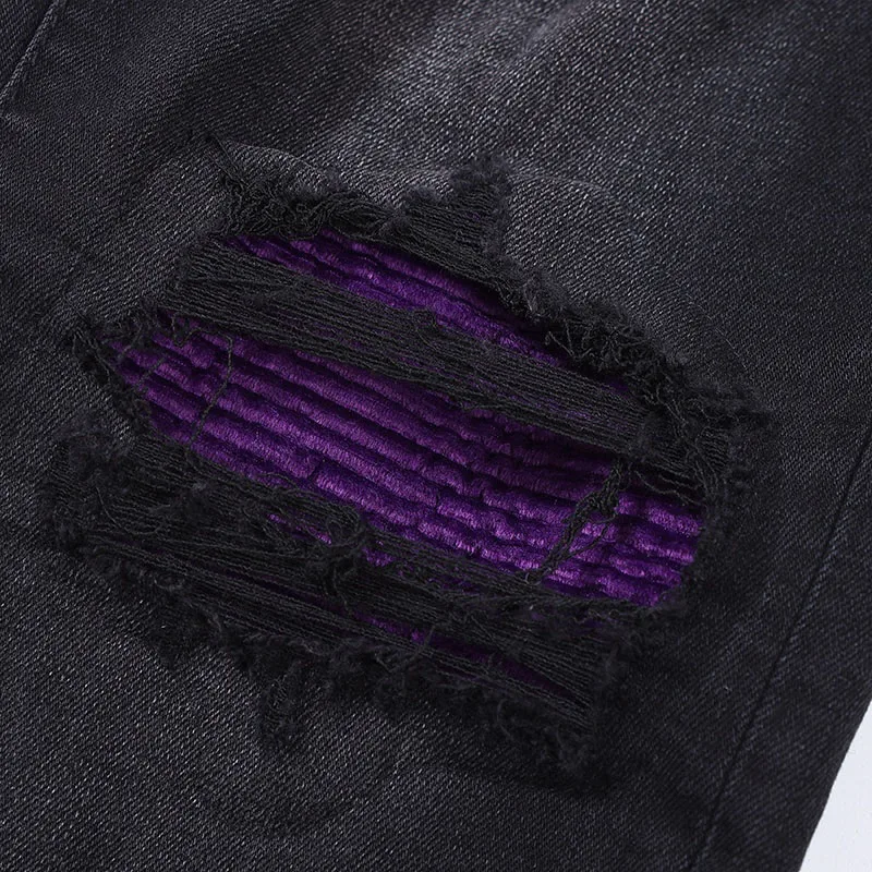 Luxury Brand Men's Jeans Classic Slim Fit Washable Cotton Stretch Skinny Trouser Hip Hop Ripped Purple Lining Patch Pencil Pants
