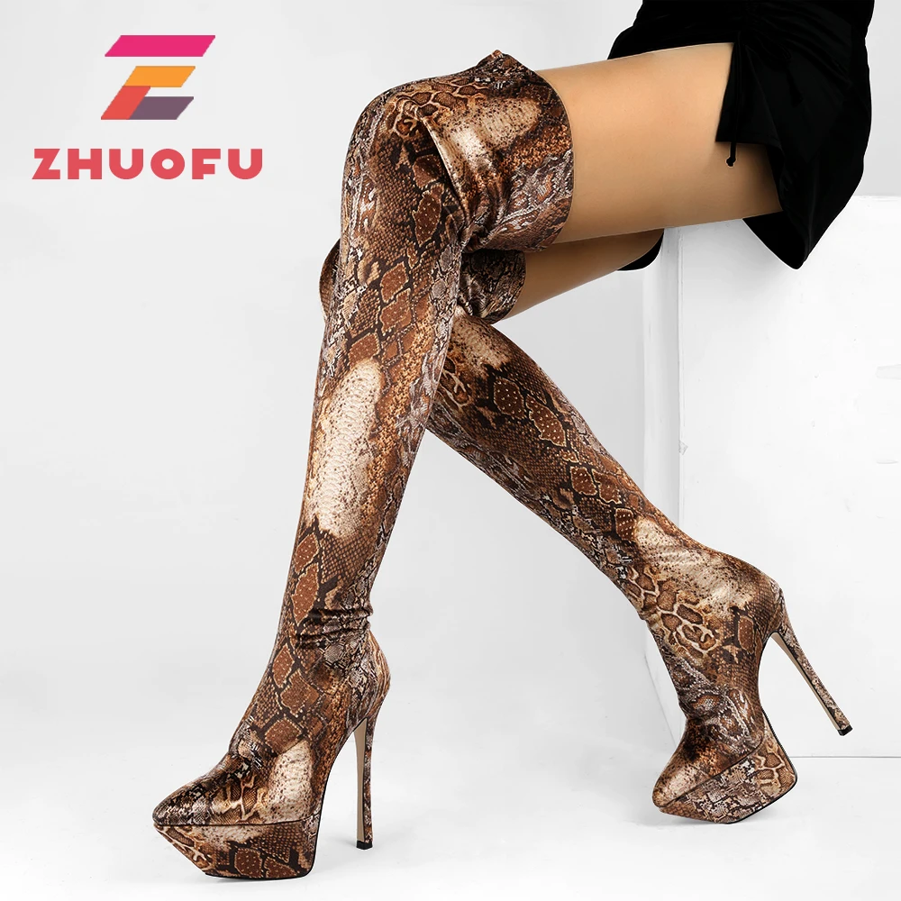 

Женские эластичные длинные сапоги ZHUOFU с принтом тигра, обувь на платформе с тонким высоким каблуком и острым носком, большой размер 45, женская обувь до бедра, 2023