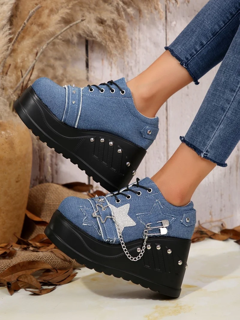 Новые джинсовые туфли на толстой подошве с высокой посадкой шнуровке большие