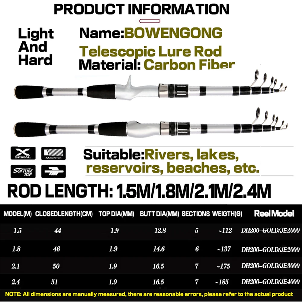 Набор телескопических удилищ для ловли на приманку 1 5-2 4 м короткое удилище