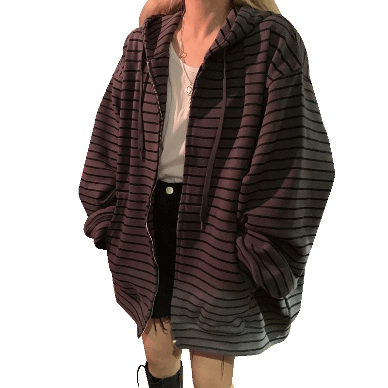 Autumn Spring Long Sleeve Oversized Sweatshirt Harajuku Vintage Striped Zip Up Hoodies Women Korean Grunge Emo Alt Streetwear