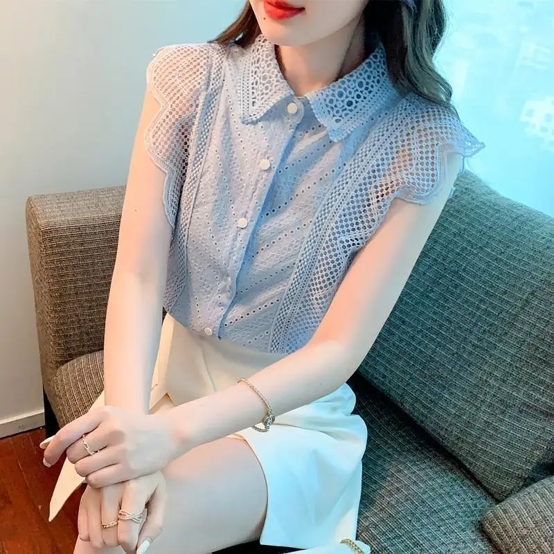 

Blouse female lace shirt 2022 new summer lotus leaf edge French style hollow thin blue sleeveless solid casual top female blouse