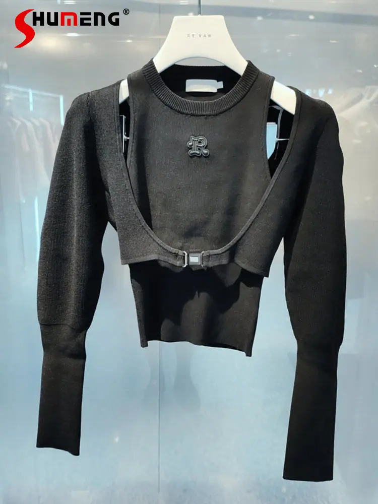 

French Style Woman Off-the-Shoulder Splicing Black Knitwear 2022 Autumn and Winter New Women's Long Sleeve Slim-Fit Knitted Top