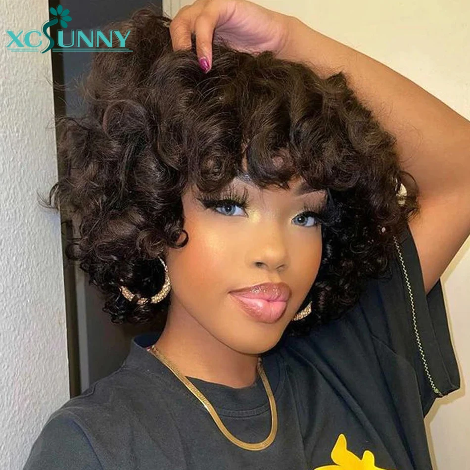 Curly Human Hair Wig With Bangs Romance Curl O Scalp Top Full Machine Made Bang Wig Human Hair Glueless Brazilian Remy xcsunny