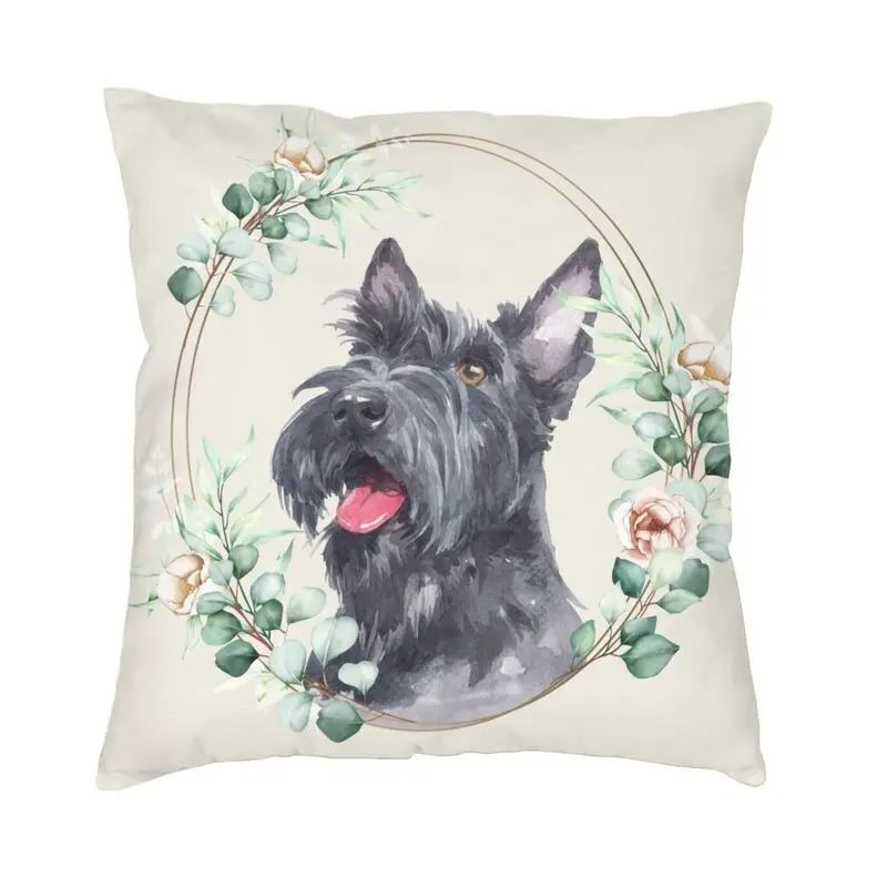 Scottish Terrier Dog In Floral Gold Wreath Square Pillow Case Home Decorative Scottie Pet Lover Cushion Cover For Living Room