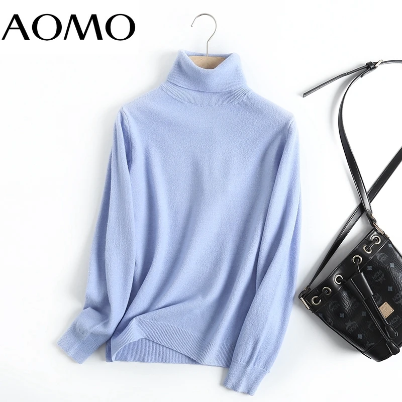 

Женский вязаный свитер-водолазка AOMO, синий свитер из 100% шерсти, в винтажном стиле, для офиса, 6D53A