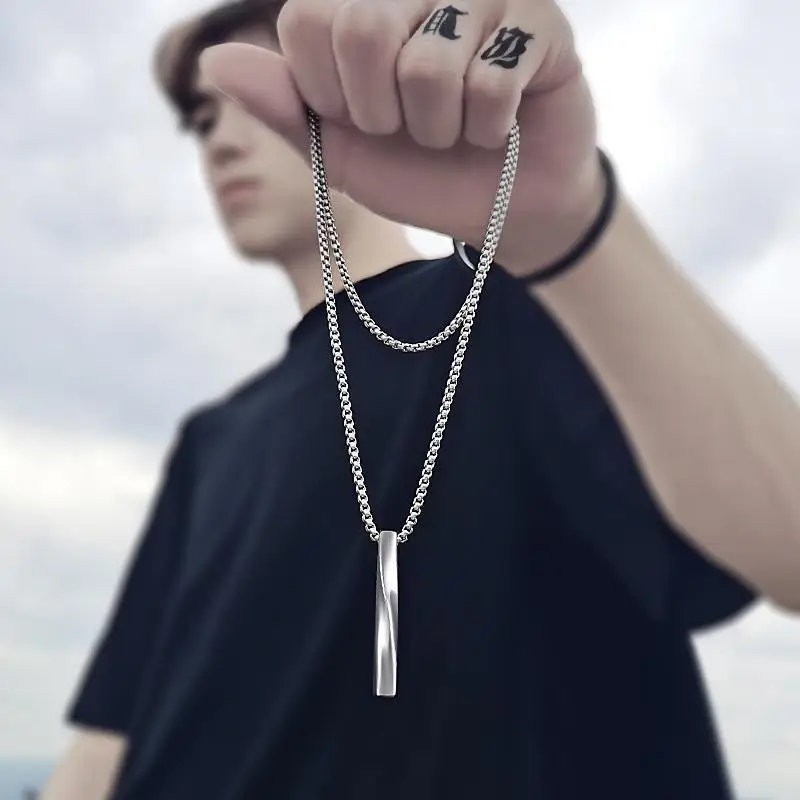 

2021 Fashion New Black Rectangle Pendant Necklace Men Trendy Simple Stainless Steel Spiral Chain Men Necklace Jewelry Gift