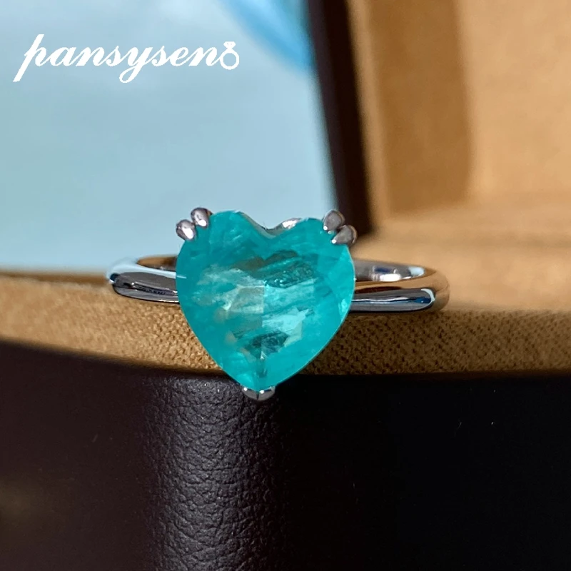 

PANSYSEN 925 Sterling Silver 7.5CT Heart Paraiba Tourmaline Gemstone Rings Women Wedding Cocktail Party Fine Jewelry Wholesale