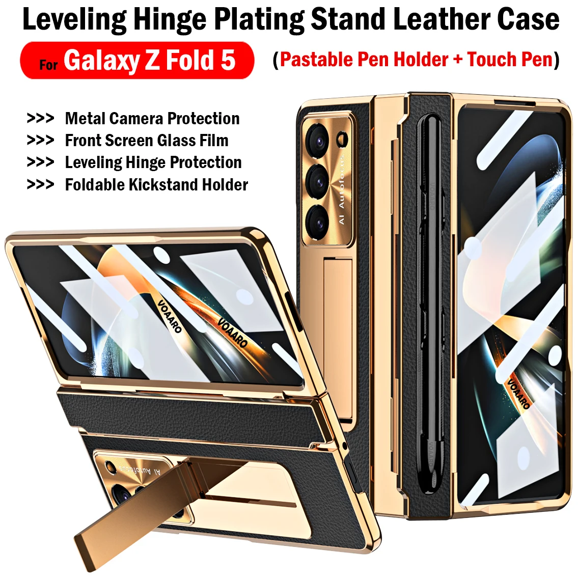 

Touch Pen for Samsung Galaxy Z Fold 5 4 3 Case Leveling Hinge Plating Leather Stand Funda with Pastable Pen Holder & Front Film