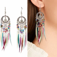 fashion personality colorful women gift party travel alloy feather bohemian hollow out tassel earrings dangle decoration
