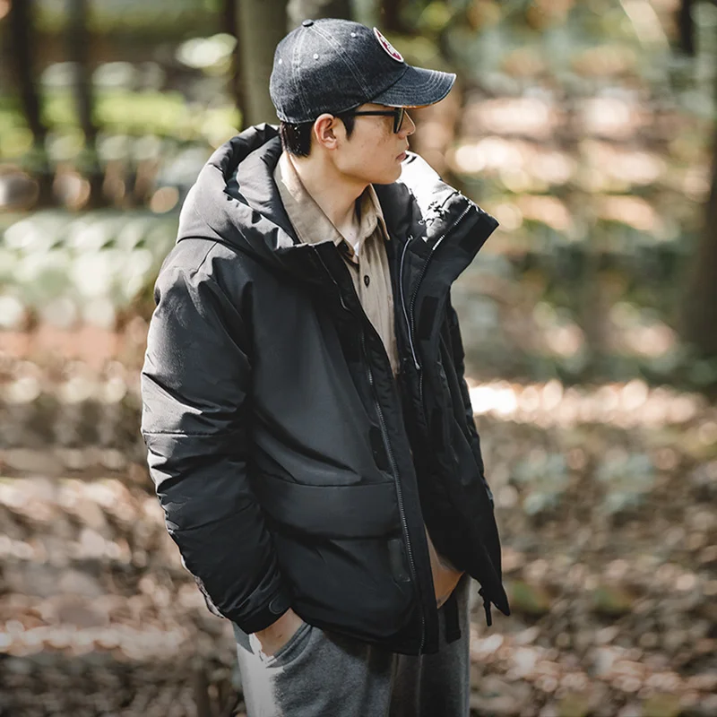 Мужская уличная куртка на белом утином пуху с капюшоном теплая и плотная зимняя