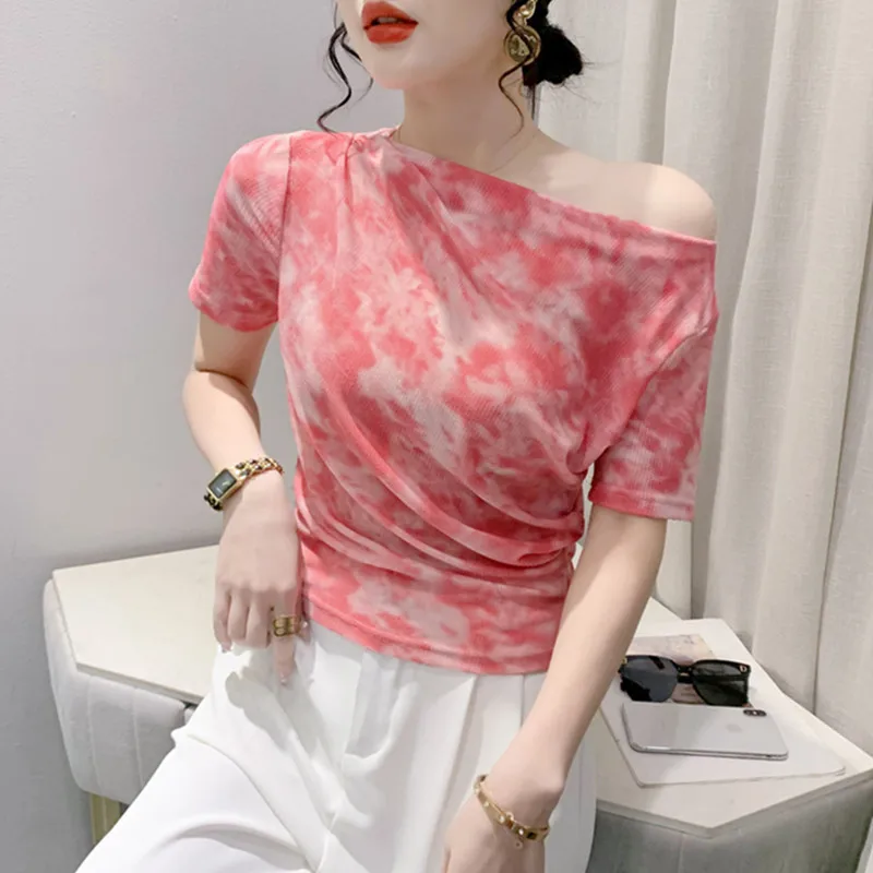 

Летние сетчатые футболки с завязкой, Женская облегающая футболка с открытыми плечами и коротким рукавом, Стрейчевые женские футболки со складками