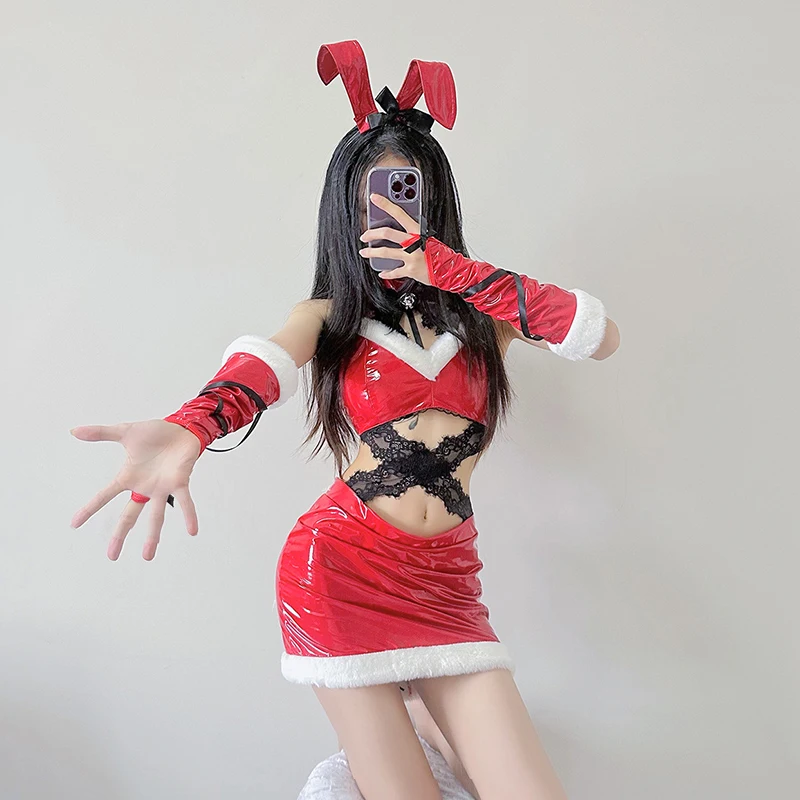 

Sexy Bunny Cosplay Lingerie Dress One Piece Women Bunny Girl Bodysuit Top Skirt Christmas Santa Leather Backless Uniform