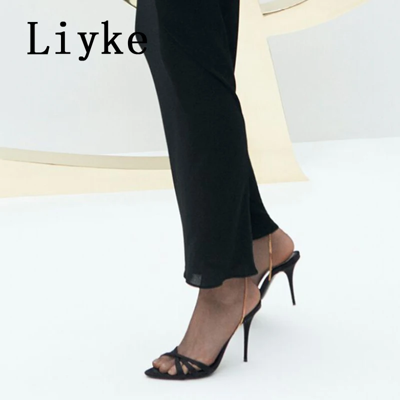 

Сандалии Liyke женские на высоком каблуке-шпильке, модные дизайнерские босоножки с металлической цепочкой, с острым носком и ремешком на щиколотке, черные, лето