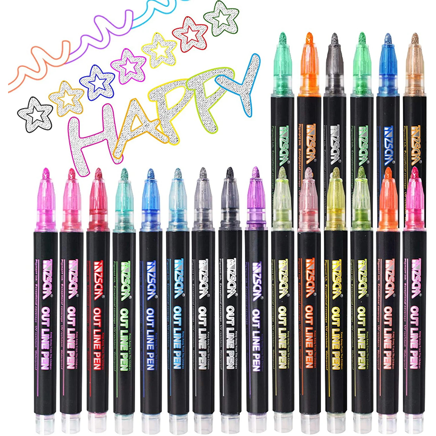 

21 Color Outline Metallic Markers Double Line Paint Permanent Marker Pens for Halloween Greeting Card, Glass Korean Stationery