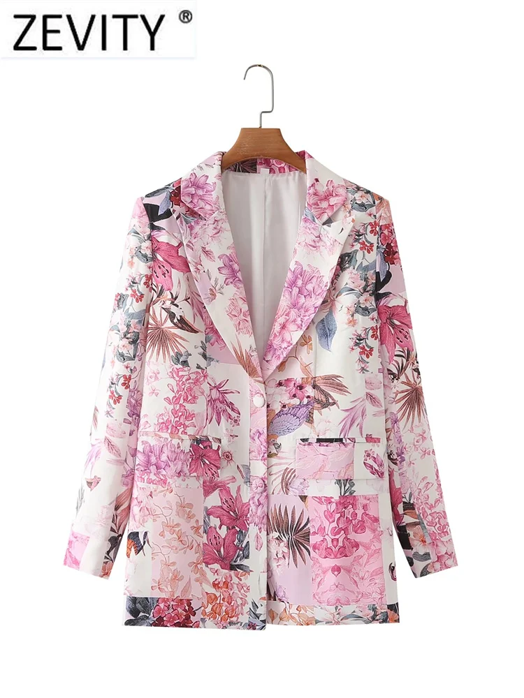 ZEVITY Women Fashion Patchwork Floral Print Pocket Slim Blazer Coat Office Lady Chic Long Sleeve Suits Veste Femme CT1250