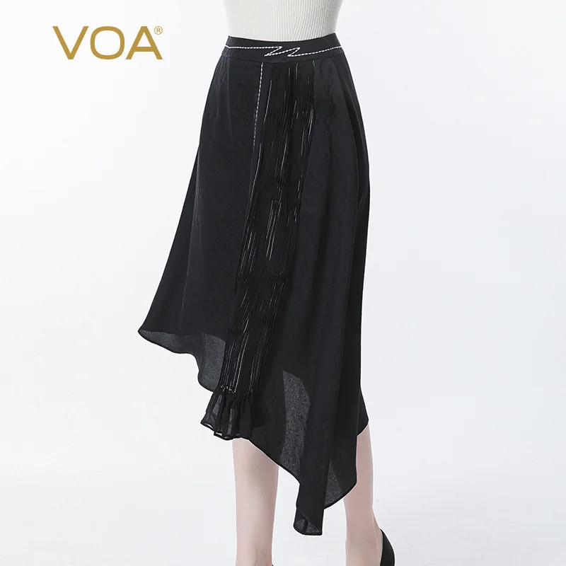 

VOA 100% Real Silk Jacquard Mysterious Black Natural Waist Bright Line Decorative Fold Asymmetric Decorative Woman Skirt CE95