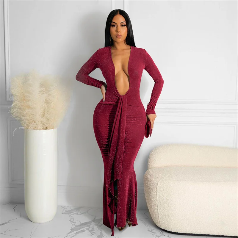 

Sexy Deep V-neck Ribbon Glitter Bodycon Maxi Dress for Women Party Nightclub Christmas Dress Elegant Long Sleeve Evening Dresses