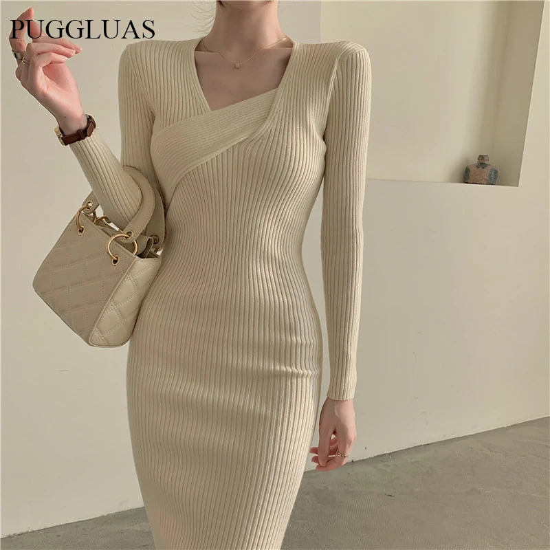 Купи Women Knit Dresses Solid Slim Sexy Bodycon Long Sleeve Dress Office Lady Sheath Knitdress 2022 Autumn Winter Apricot Knitwear за 1,439 рублей в магазине AliExpress