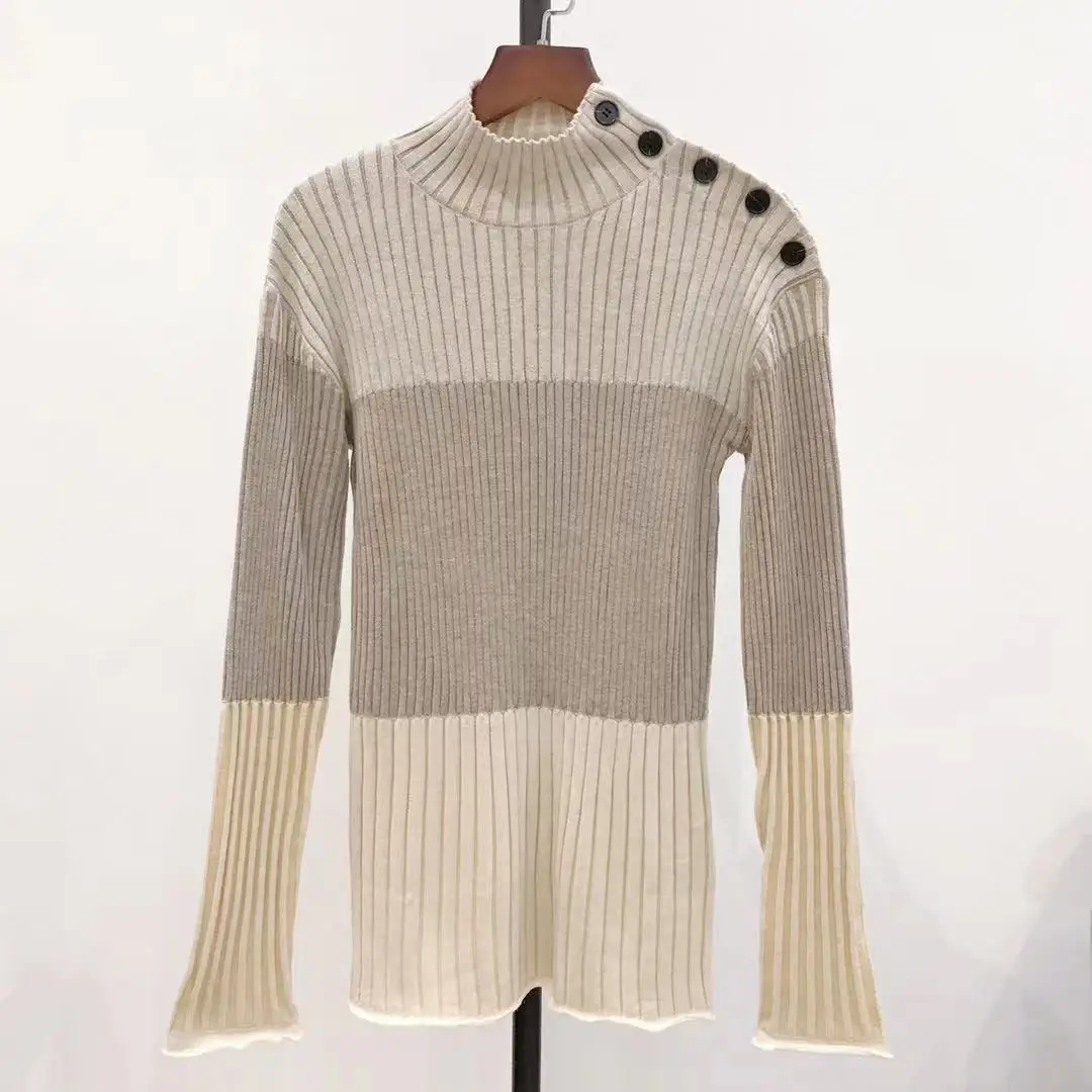 

Half high neck knitted pullover autumn and winter new pit stripes spell colour wool jumper female casual bottoming shirt tops